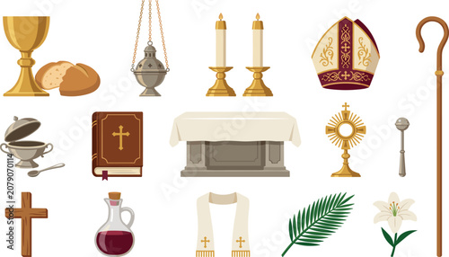 Obraz na płótnie Christian Church Liturgy Elements Collection with Chalice, Altar, Cross, Bible,