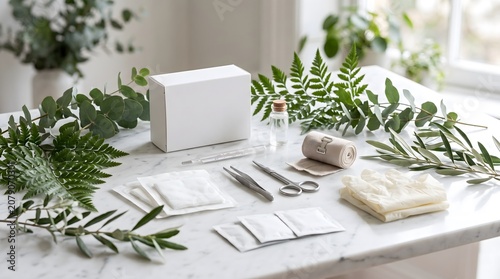 A top view of various first aid kit essentials arranged neatly on a white marble surface, surrounded by fresh green eucalyptus and fern leaves