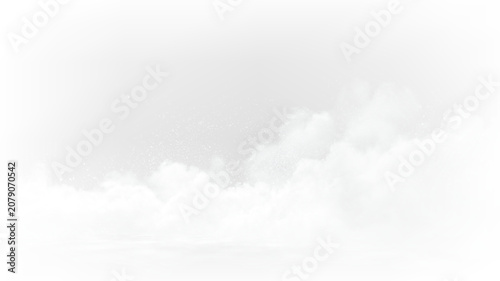 Foto White tapioca flour cloud explosion with floating particles and abstract motion