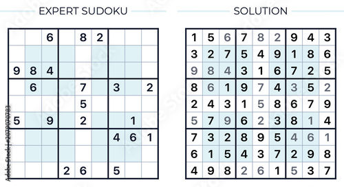 Obraz na płótnie Hyper sudoku puzzle expert level with solution, white background, logic game for adults only