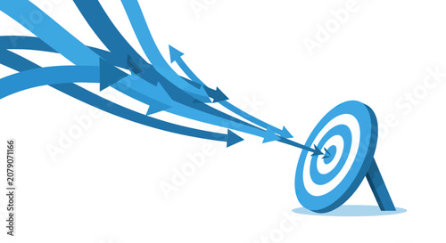 Foto Blue arrows converging and hitting the center of a target