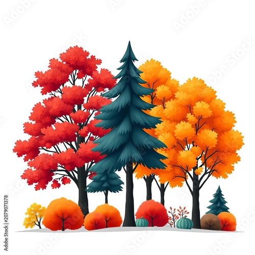 Vector illustration of Scandinavian-style autumn trees on white background, ||Trees, Simple