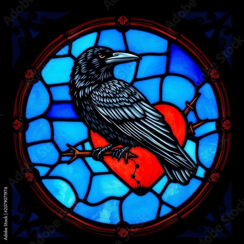 Stained glass art depicts black raven perched on barbed heart surrounded by blue sky, barbed wire, mystical
