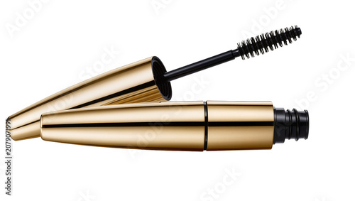 Isolated elegant golden mascara tube with applicator brush, cosmetic beauty product