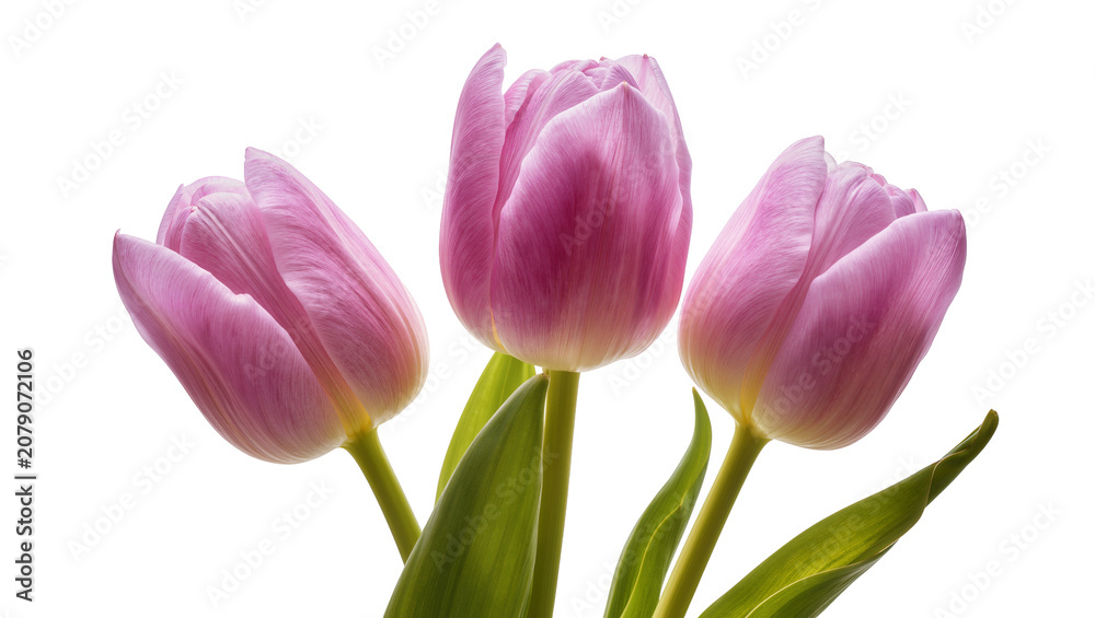 Obraz premium Isolated three fresh pink tulip flowers with green stems and delicate petals ready for spring