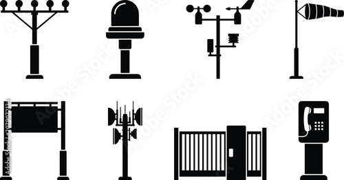 Tableau sur toile Airport Infrastructure Silhouettes of Communication and Navigation Equipment Ico