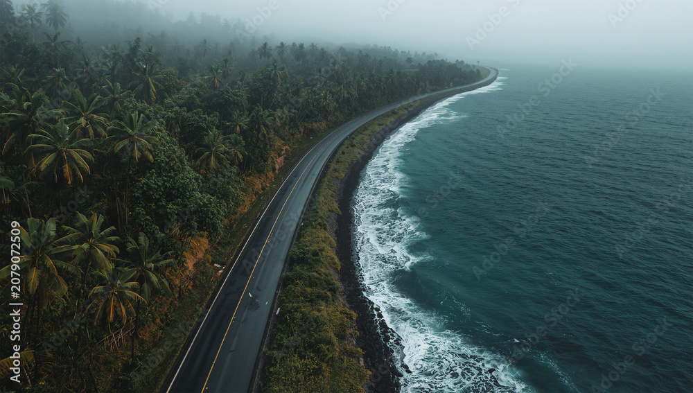 Fototapeta premium 雨上がりの熱帯林と濡れた海岸道路の風景