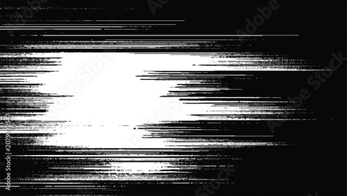 Abstract glitch digital noise texture with white horizontal speed streaks and distortion lines on black background.