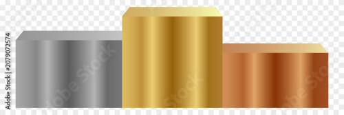 A three-level podium for gold, silver, and bronze medalists.