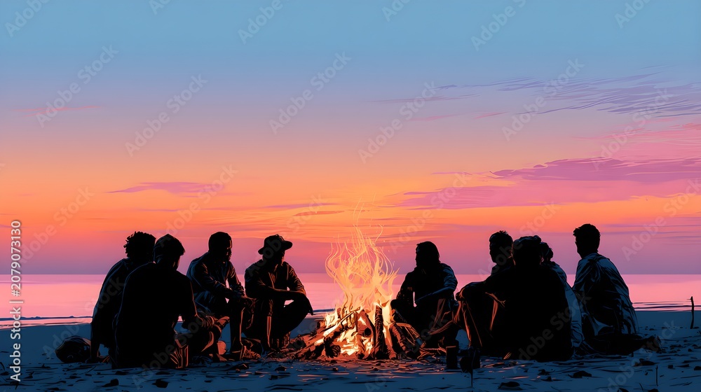 Obraz premium Campfire Silhouette Group Beach Gathering Community Bonding Dusk Background Concept