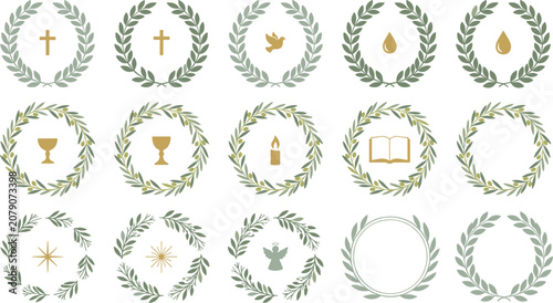 Photos Christian Laurel Wreath Collection with Cross, Dove, Chalice, Candle, Bible, Bap