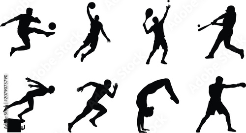 Schilderij op canvas Athletic sports silhouettes set featuring soccer basketball tennis baseball swim