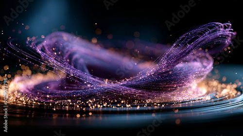 Abstract glowing purple data vortex of fine particles on a dark background dynamic 3D render big data network technology with copy space