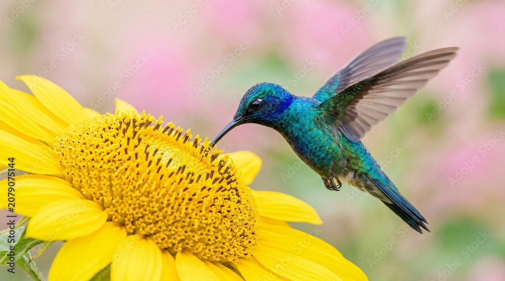 Fototapeta premium Stunning macro shot of a sapphire and emerald hummingbird sipping nectar from a giant bright yellow sunflower against a soft pink background.