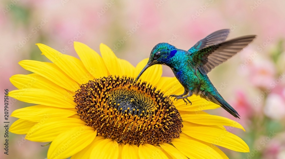 Fototapeta premium Stunning macro shot of a sapphire and emerald hummingbird sipping nectar from a giant bright yellow sunflower against a soft pink background.