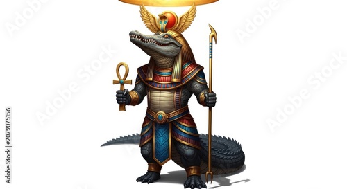 Egyptian Warrior Crocodile in Mythological Fantasy Art With Golden Staff and Ankh on White Background