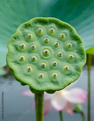 Close-up of a lotus seed pod with detailed pattern.