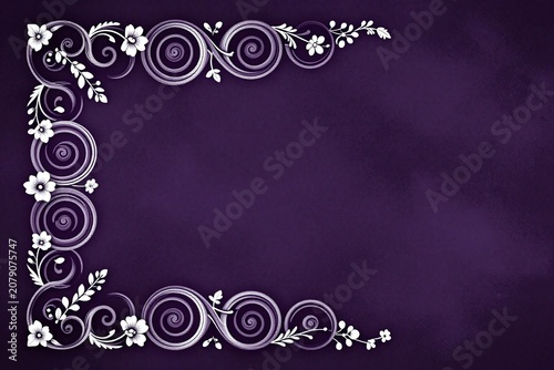 A black and white ornate frame on a purple background