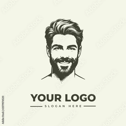 Minimalist vector logo design featuring a handsome smiling man with a stylish beard and groomed hair.