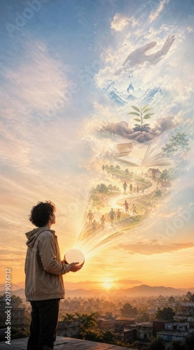 Young person holding glowing sphere looking at hopeful future, connecting to nature and community