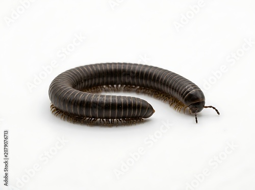 Close-up of a millipede on a white background.