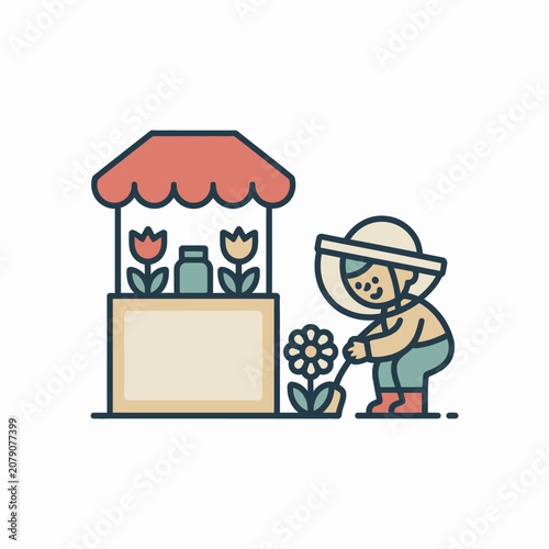 Child Watering Flower at Stand.