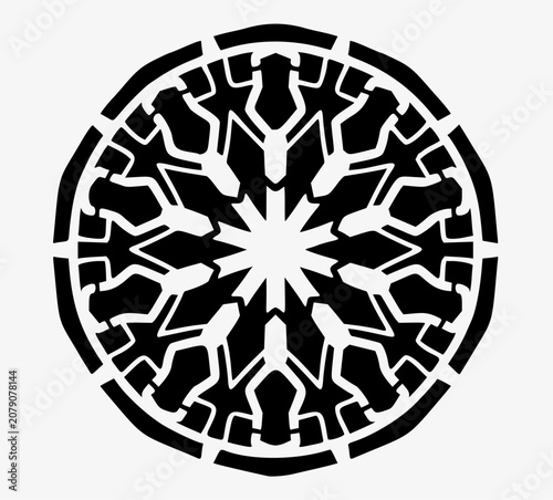 Intricate circular black mandala with geometric symmetry and decorative details. Elegant vector ornament for logo, tattoo, invitation, coloring page, and artistic decoration.