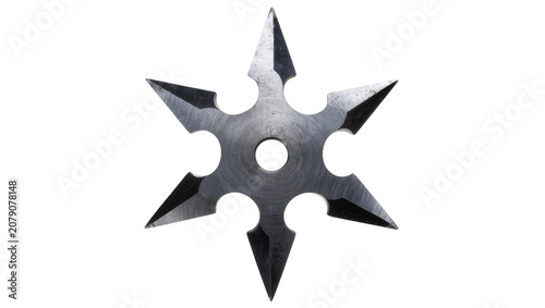 Fotografie Isolated six-point metal shuriken, ancient Japanese ninja throwing star weapon,