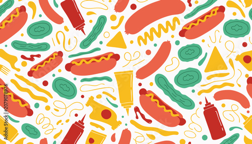 Cuadro en lienzo Colorful hot dog pattern with condiments