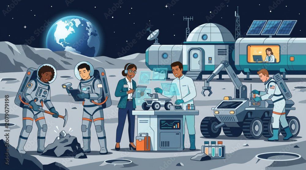 Naklejka premium Astronauts conduct scientific research on the moon base with earth in the background.