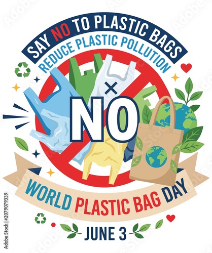 Obraz na plátně World Plastic Bag Free Day Poster with Reusable Tote Bag and Forbidden Sign to R
