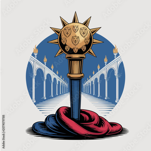 Ornate Golden Mace with Spiked Head and Lion Emblems Resting on Fabric.