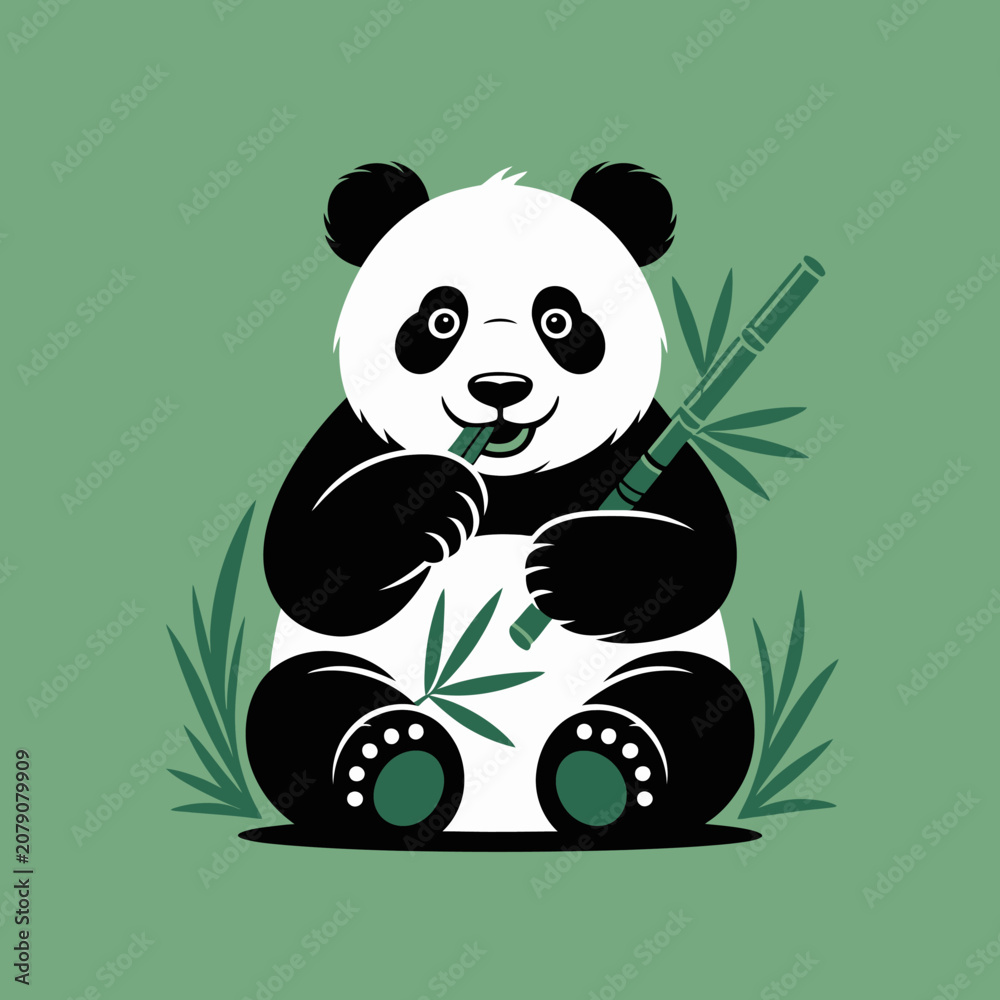 Fototapeta premium Panda eating bamboo leaves happily sitting.