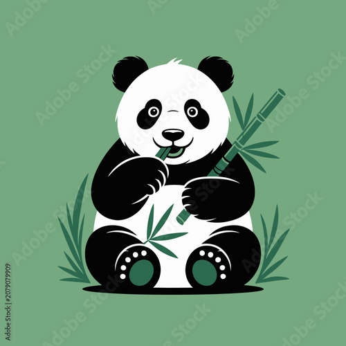 Panda eating bamboo leaves happily sitting.