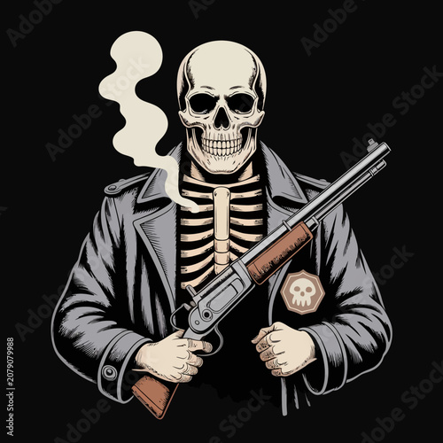 Skeleton wearing leather jacket holding gun.