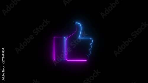 Abstract Glowing neon line Hand thumb up icon isolated on black background. Neon Outline Color Like Icon Animation. motion graphic of hand thumb concept.