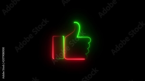 Abstract Glowing neon line Hand thumb up icon isolated on black background. Neon Outline Color Like Icon Animation. motion graphic of hand thumb concept.