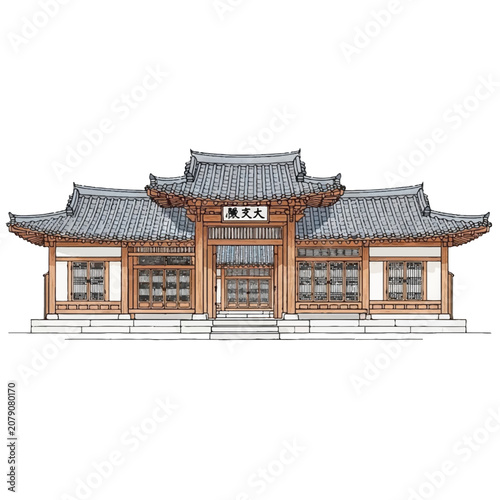 Traditional Korean Temple Building with Intricate Roof Design.