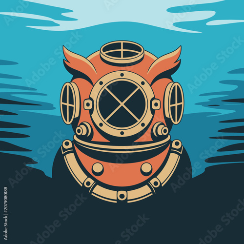 Vintage Diving Helmet Closeup Illustration.