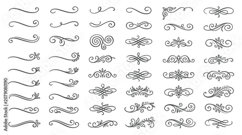 Set of elegant black vintage calligraphic dividers and decorative flourishes for wedding invitations and luxury stationery designs