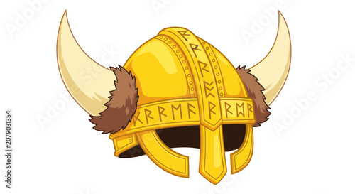 Photos Golden viking helmet with large horns and runic inscriptions