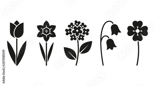Five simple black flower icons arranged in a row featuring various botanical shapes and clean minimal vector graphic design elements