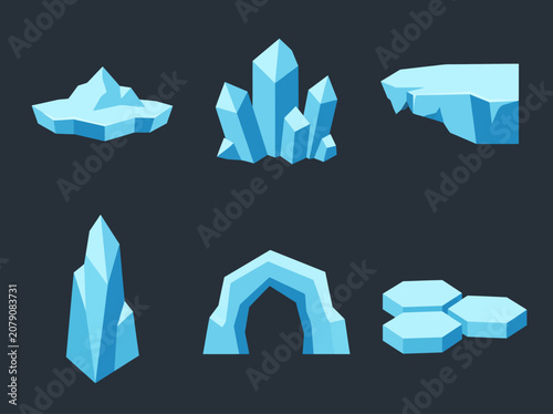 Ice crystal set featuring various frozen geometric shapes for video game environment design elements isolated on a dark background