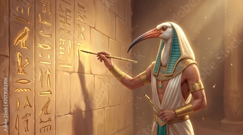 Thoth, the ibis-headed deity of wisdom, inscribing glowing hieroglyphs onto a stone wall in an ancient temple. Fantasy concept of Egyptian mythology.