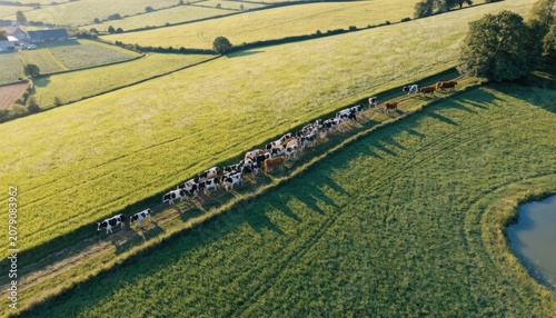 A herd of cows grazing near a water body in expansive green farmland divided by hedgerows under a clear sky.
