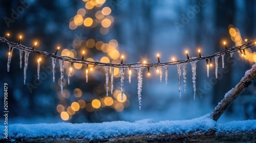 Frozen icicles hang from glowing string lights in snowy forest