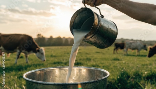 Milk is being poured from a metal container into a larger bucket outdoors with cows grazing in the background during sunset.