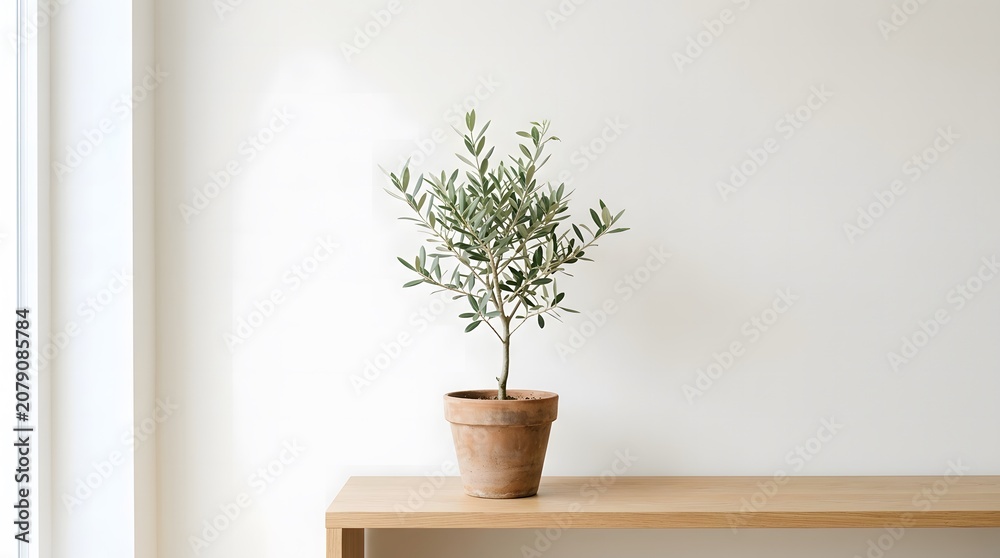 Fototapeta premium Potted green plant on wooden shelf against white wall in soft natural light
