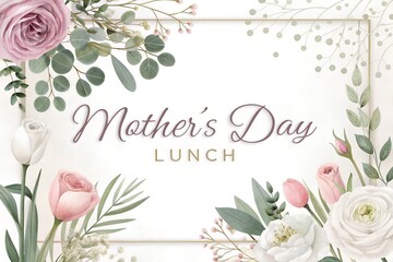 Elegant mother day lunch invitation featuring soft pink roses white peonies delicate eucalyptus leaves and a golden frame border set against a clean white background for a beautiful festive celebratio