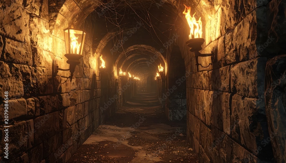 Fototapeta premium Long mysterious stone dungeon tunnel illuminated by glowing wall-mounted torches and lanterns creating an atmospheric fantasy scene with deep shadows.
